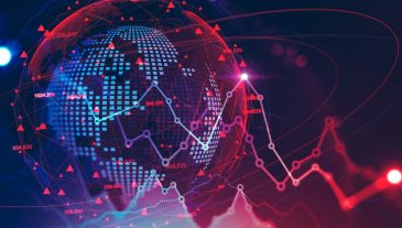 Concept of global financial crisis. Blurry planet hologram with double exposure of falling digital graphs. 3d rendering toned image