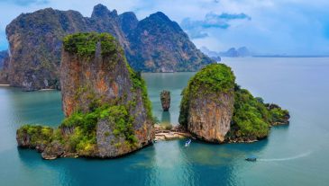 Aerial view of James Bond island in Phang nga, Thailand.