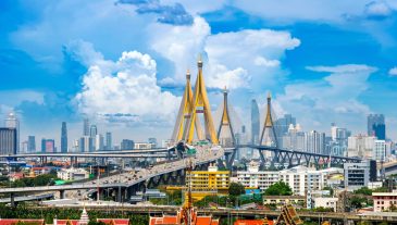 Beautiful Cityscape of Bangkok and highway bridge in Thailand.