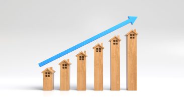 The graph of the house is rising and has a blue arrow, Real estate, Business idea. 3D illustration