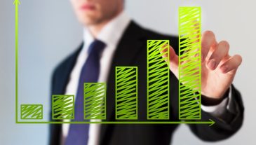 Business chart with green bar presented by the manager, successful sustainable development